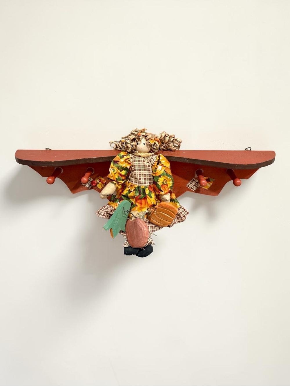 Vintage Handmade 20” Wall Shelf w/ Folk Art Primitive Rag Doll Autumn Harvest